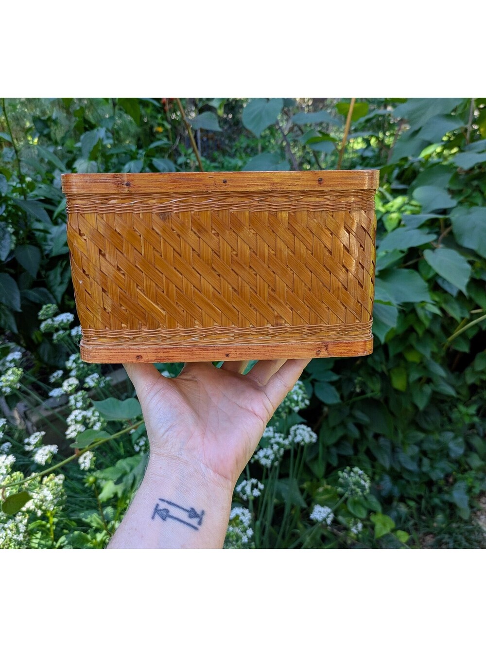 Small Vintage Decorative Basket, Woven Split Reed, Wooden Rims & Base